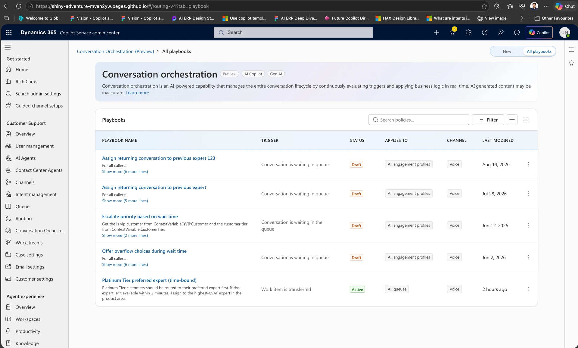 Playbooks list in Copilot Service admin center showing multiple active orchestration policies.