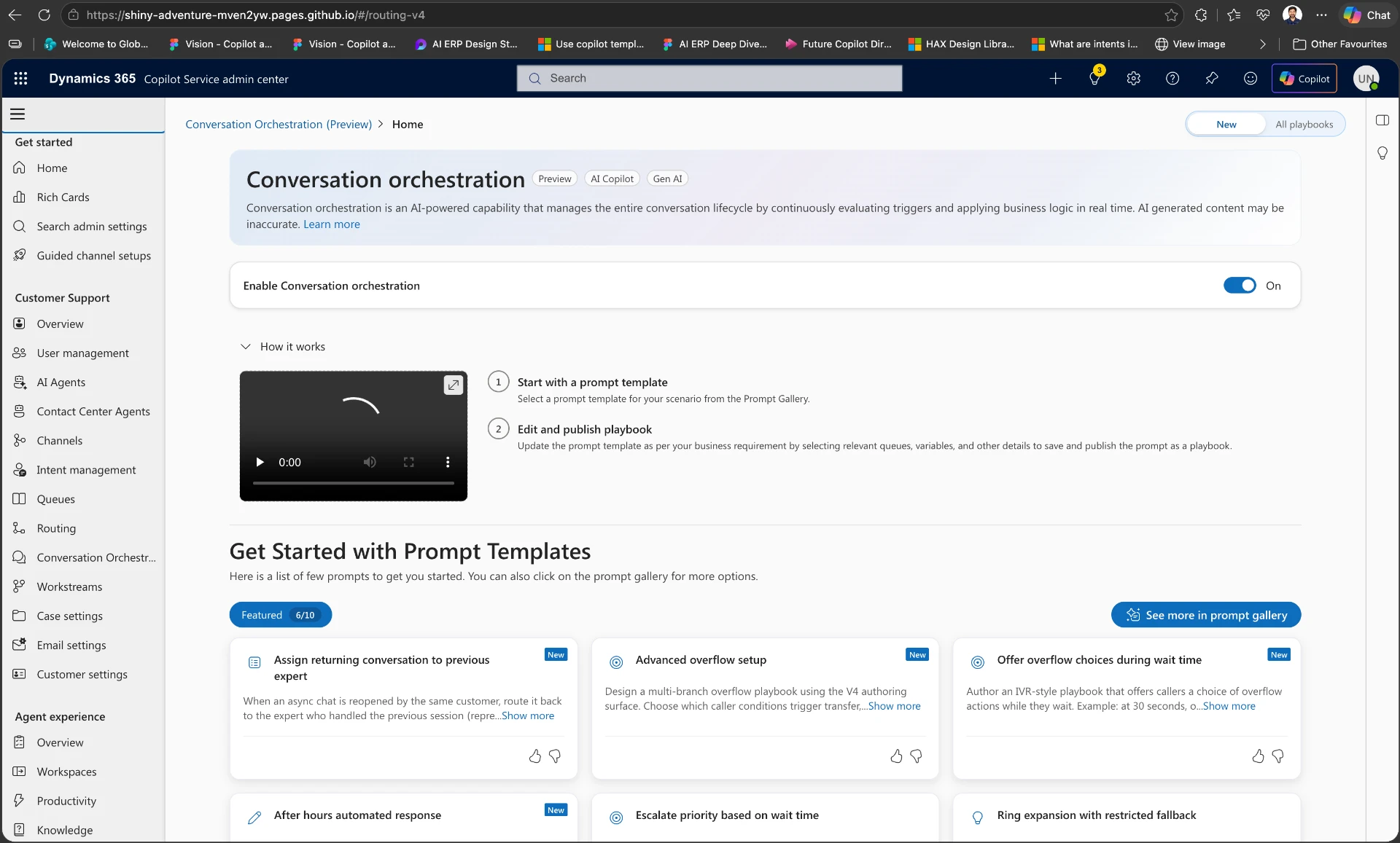 Conversation Orchestration home in Copilot Service admin center showing the enablement toggle, how-it-works steps and featured prompt templates.