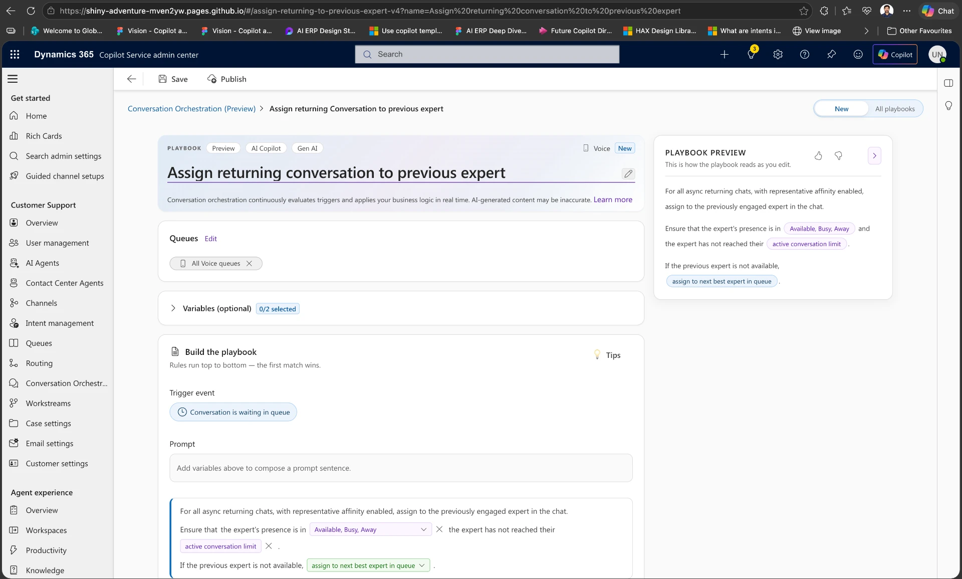 Playbook editor for 'Assign returning conversation to previous expert' with trigger event, grounded variables and live preview.